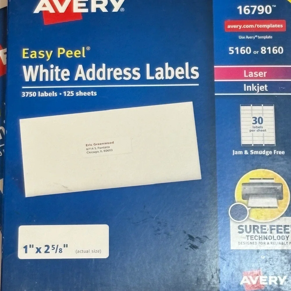 Avery Easy Peel White Address Labels 1x2 5/8 3750 Labels 125 Sheets Laser Inkjet